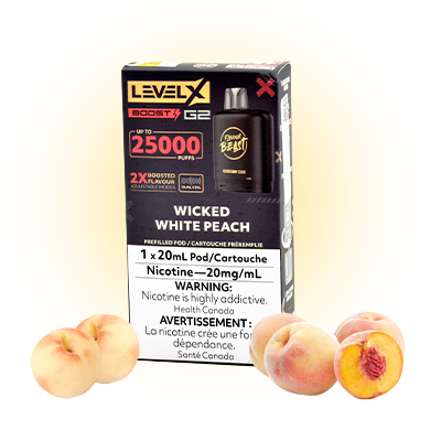 Wicked White Peach Pods Level X G2 by Flavour Beast Boost 1 Wicked White Peach Pods Level X G2 by Flavour Beast Boost